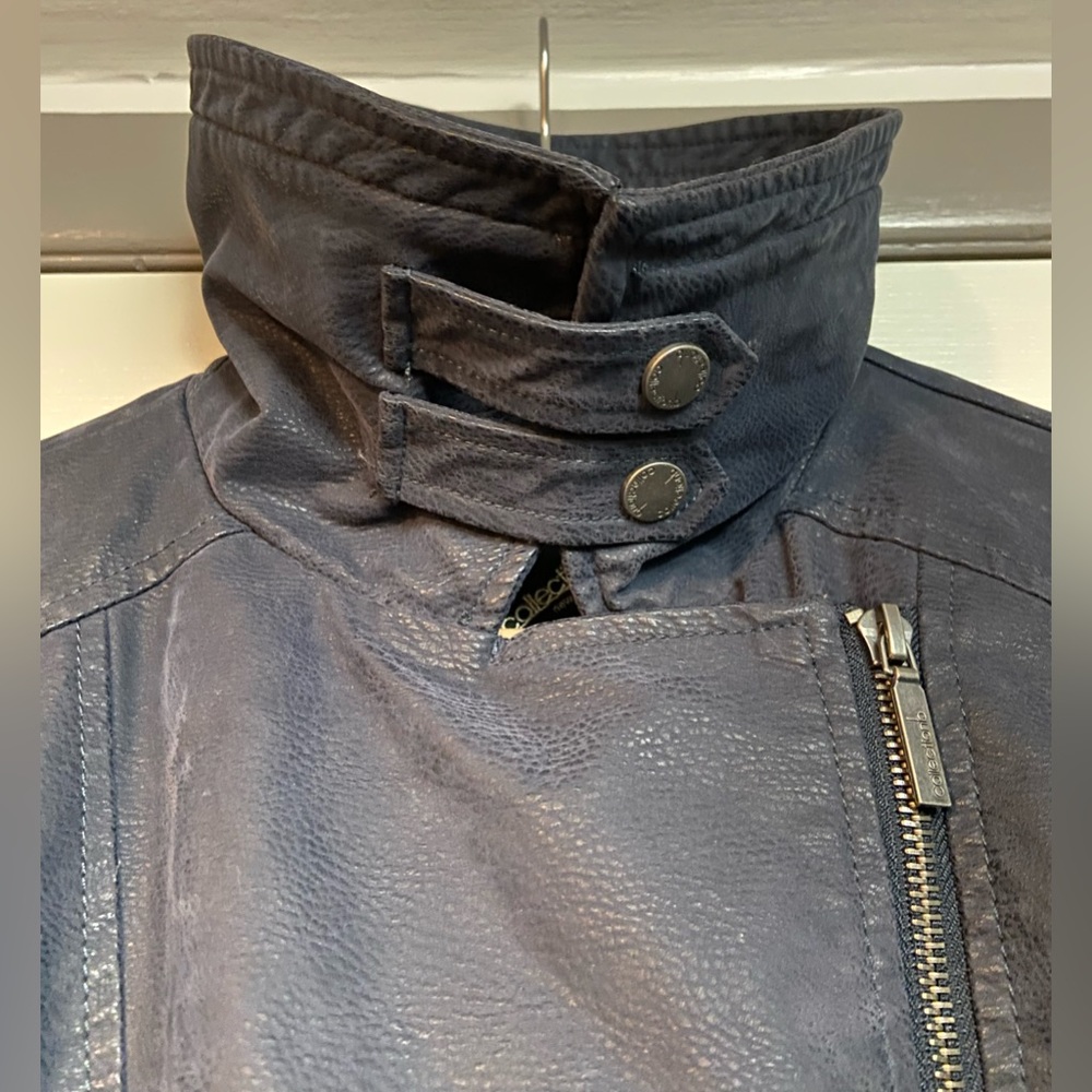 Women’s Dark Blue Faux Leather Biker Jacket - Picture 7 of 9